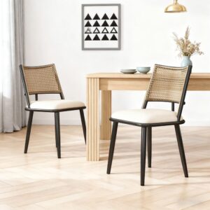 2er-Set Esszimmerstühle mit Rattan-Rückenlehne 50x80x48cm Rattan Schwarz Meubles Cosy Möbel Esszimmermöbel Stühle