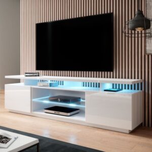 wohnli-moebel-suche-M26164430-1 180 cm glänzend weißer LED-TV-Schrank 180x56x180cm Holz Weiß MSO Möbel Wohnzimmermöbel TV-Möbel