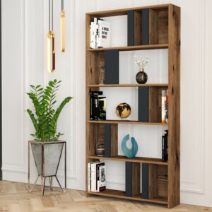 wohnli-moebel-suche-M26164578-1 Bücherregal mit 5 Regalen und Walnuss- und Anthrazitgrauholz-Effekt 90x20x180cm Spanplatte Braun Concept Usine Möbel Wohnzimmermöbel Bücherregale