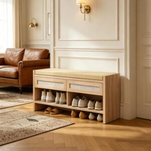 wohnli-moebel-suche-M26166732-1 Schuhbank aus Polyethylen Rattanoptik hellbraun 108 cm 108x50x35cm Spanplatte Braun Hauss Spole Möbel Flurmöbel Schuhschränke