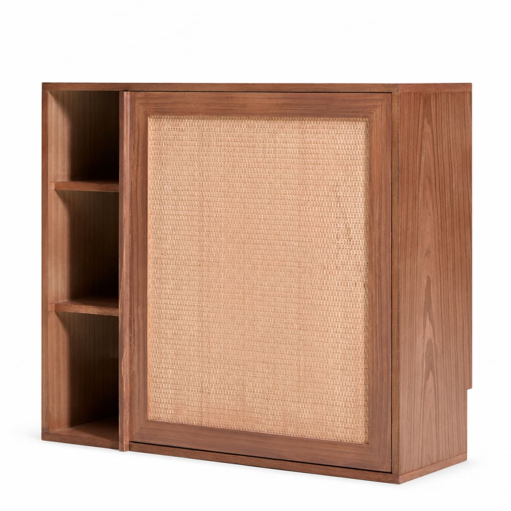 wohnli-moebel-suche-M26166747 Wohnli Möbelsuche - Aufbewahrungsschrank mit Schreibtischplatte aus Holz und Rattan