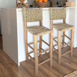 Hoher Barhocker aus Holz und Naturfaser mit Rückenlehne 75 cm 38x75x38cm Naturfasern Beige NATYAL Möbel Esszimmermöbel Barhocker