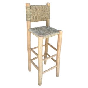 Wohnli Möbelsuche - Hoher Barhocker aus Holz und Naturfaser mit Rückenlehne 75 cm