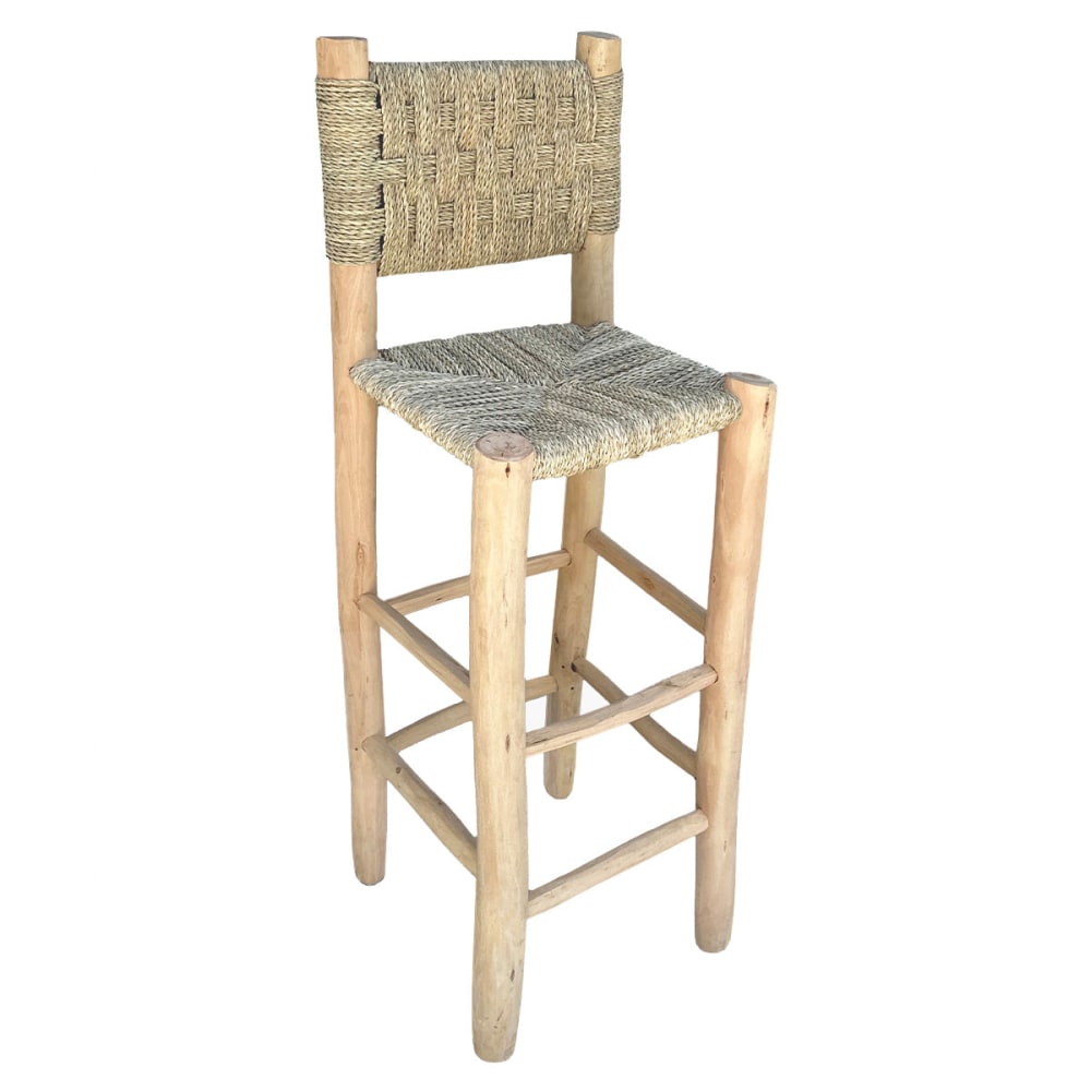 wohnli-moebel-suche-M26167012 Wohnli Möbelsuche - Hoher Barhocker aus Holz und Naturfaser mit Rückenlehne 75 cm