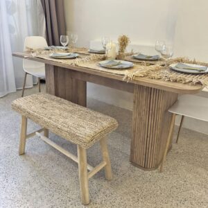 Bank aus Teakholz und Naturraffia mit gepolstertem Sitz 60 cm 60x45x30cm Naturfasern Braun NATYAL Möbel Esszimmermöbel Sitzbank und Holzbank