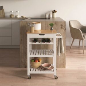 Servierwagen mit Rollen 3 Etagen und 1 Schublade weiß und Holz H84 cm 40x85x61cm Spanplatte Weiß Calicosy Möbel Küchenmöbel Kücheninseln & Servierwägen