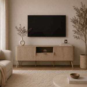 wohnli-moebel-suche-M26167494-1 TV-Möbel 2 Türen Fronten gerundetem Lamelleneffekt L140 cm 140x56x39cm Spanplatte Beige Calicosy Möbel Wohnzimmermöbel TV-Möbel
