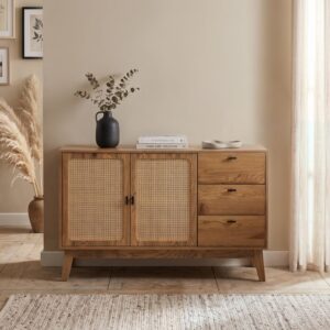 wohnli-moebel-suche-M26167515-1 Sideboard mit 2 Türen und 3 Schubladen mit Rattan-Fronten B120 cm 120x80x40cm Spanplatte Beige Calicosy Möbel Esszimmermöbel Sideboards, Highboards & niedrige Anrichten