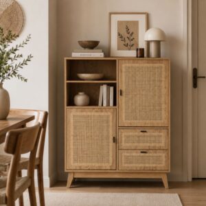 wohnli-moebel-suche-M26167518-1 Hohes Anrichte 2 Türen 2 Schubladen mit Rattan-Fronten H120 cm 100x120x40cm Spanplatte Beige Calicosy Möbel Esszimmermöbel Sideboards, Highboards & niedrige Anrichten