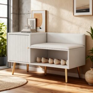 wohnli-moebel-suche-M26167745-1 Weißer Schuhschrank mit Polstersitz und Staufach 100x58x38cm Spanplatte Weiß Meubles Cosy Möbel Flurmöbel Schuhschränke