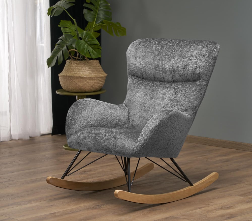 Schaukelstuhl aus grauem Polyestergewebe mit Fuß aus Massivholz 106x92x77cm Stoff Grau MSO Sofas und Sessel Sessel, Poufs und Fußbänke Sessel