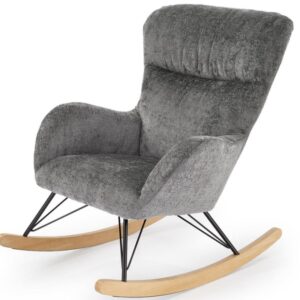 wohnli-moebel-suche-M26168233 Wohnli Möbelsuche - Schaukelstuhl aus grauem Polyestergewebe mit Fuß aus Massivholz
