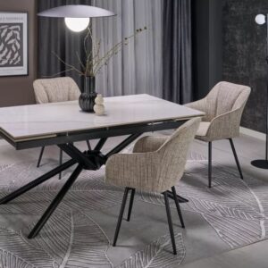 wohnli-moebel-suche-M26168318-1 Designstuhl aus meliertem beigem Stoff mit schwarzen Metallbeinen 60x85x50cm Stoff Beige MSO Möbel Esszimmermöbel Stühle