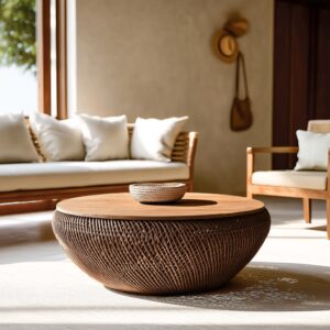 Couchtisch Rattan / recyceltem Teakholz 100x36x100cm Holz Braun MACABANE Möbel Wohnzimmermöbel Couchtische