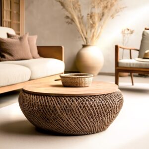 wohnli-moebel-suche-M26168589-1 Couchtisch Rattan /recyceltem Teakholz 81x32x81cm Holz Braun MACABANE Möbel Wohnzimmermöbel Couchtische