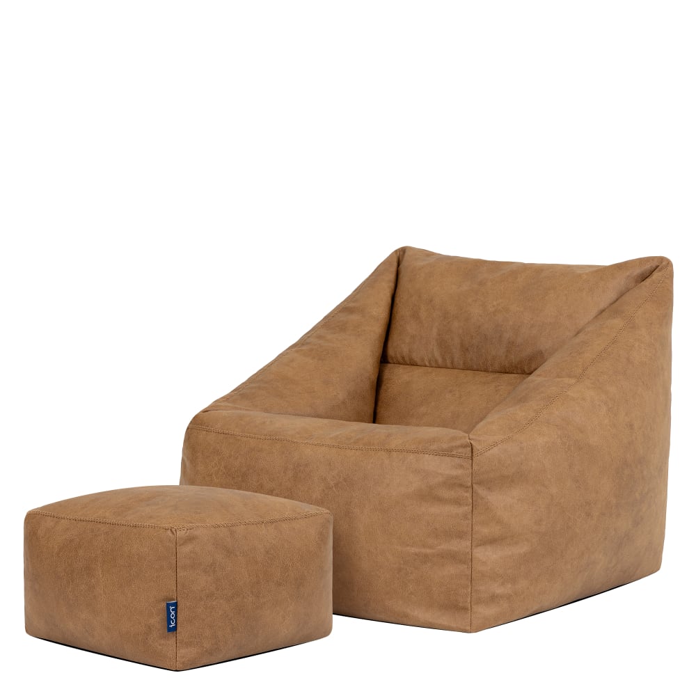 Wohnli Möbelsuche - Sitzsack-Sessel mit quadratischem Fußhocker aus braunem Kunstleder