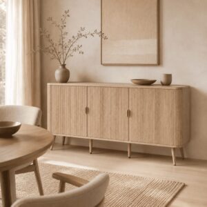 wohnli-moebel-suche-M26169458-1 Sideboard mit 3 Türen in Eichenoptik und Lamellenfronten B150 cm 150x77x39cm Spanplatte Beige Calicosy Möbel Esszimmermöbel Sideboards, Highboards & niedrige Anrichten