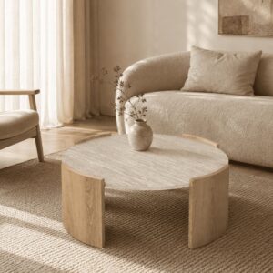 wohnli-moebel-suche-M26169459-1 Runder Couchtisch und Beinen in Holzoptik Ø80 cm 80x35x80cm Spanplatte Beige Calicosy Möbel Wohnzimmermöbel Couchtische
