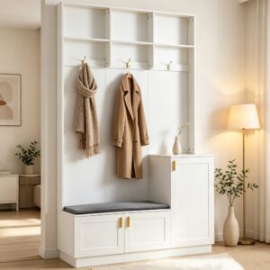 wohnli-moebel-suche-M26170624-1 Garderoben-Set mit Aufbewahrungsbank und Schuhregal 120x200x40cm Spanplatte Weiß Meubles Cosy Möbel Flurmöbel Schuhschränke