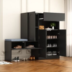 2-in-1 Schuhschrank Gewölbte Türen Sitzbank Schwarz 130x110x35cm Spanplatte Schwarz Flieks Möbel Flurmöbel Schuhschränke