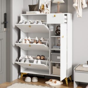 wohnli-moebel-suche-M26178150-1 Schuhschrank mit 3 Klappen 1 Schublade weiß 90x121x25cm Spanplatte Weiß Flieks Möbel Esszimmermöbel Sideboards, Highboards & niedrige Anrichten