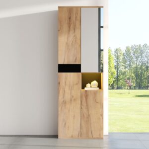 wohnli-moebel-suche-M26184199-1 Hochschrank mit Spiegel 4 Türen offenes Fach 190 cm Schwarz Natur 65x190x35cm Spanplatte Braun MODFU Möbel Schlafzimmermöbel Schränke