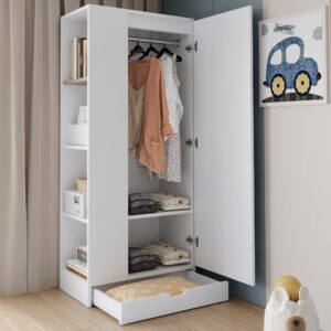 wohnli-moebel-suche-M26184203-1 Kleiderschrank 1-türig mit Regalen und Schubladen 70x40x170 cm Weiß 70x170x40cm Holz Weiß MODFU Möbel Schlafzimmermöbel Schränke