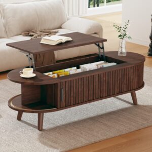Anhebbarer Couchtisch mit Stauraum und Schiebetüren 120x50 cm Nussbaum 120x40x50cm Spanplatte Braun MODFU Möbel Wohnzimmermöbel Couchtische
