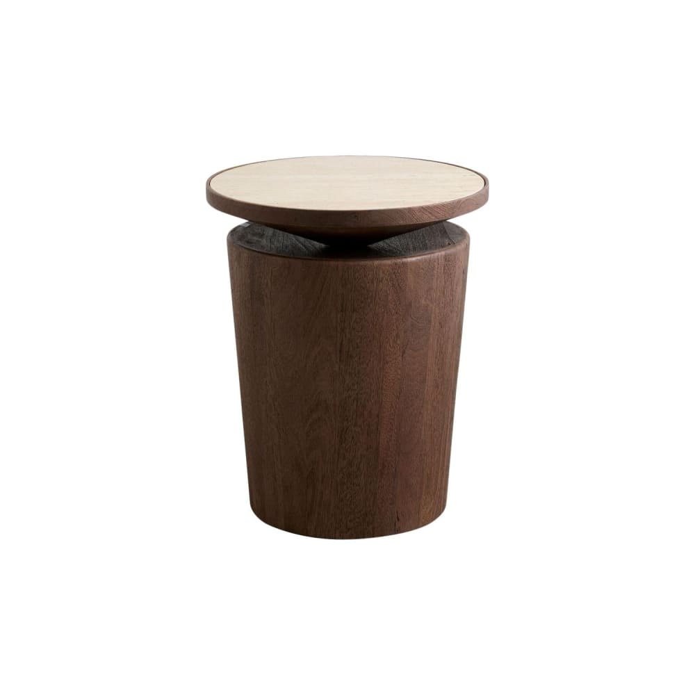 wohnli-moebel-suche-M26184619 Wohnli Möbelsuche - Beistelltisch KWANDO aus Mangoholz mit Travertine Ø41cm