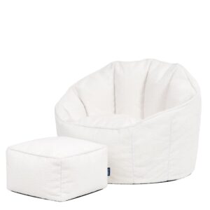 Wohnli Möbelsuche - Sitzsack-Sessel  mit quadratischem Hocker aus Bouclé
