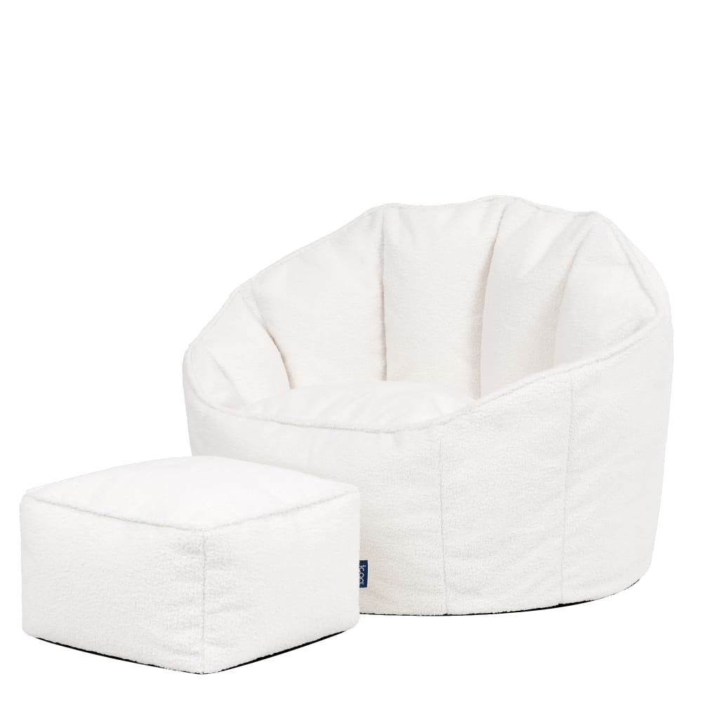 wohnli-moebel-suche-M26185370 Wohnli Möbelsuche - Sitzsack-Sessel mit quadratischem Hocker aus Bouclé