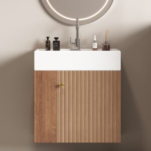 wohnli-moebel-suche-M26185558-1 Hängender 55 cm Waschtisch in Holzoptik mit Waschbecken und Fächern 55x67x31cm Spanplatte Braun Urban Meuble Möbel Badezimmermöbel Badezimmerschränke