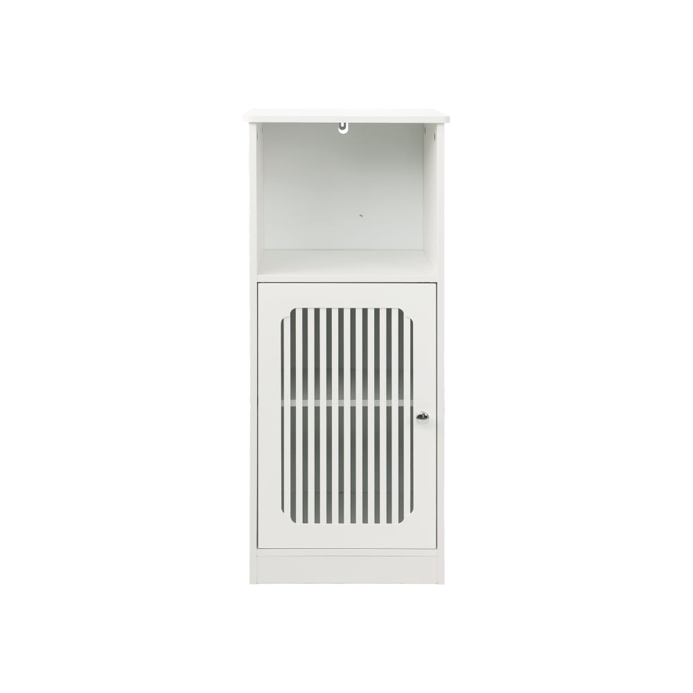 wohnli-moebel-suche-M26185579 Wohnli Möbelsuche - Weißer niedriger Badezimmerschrank mit Lamellentür und Ablagen