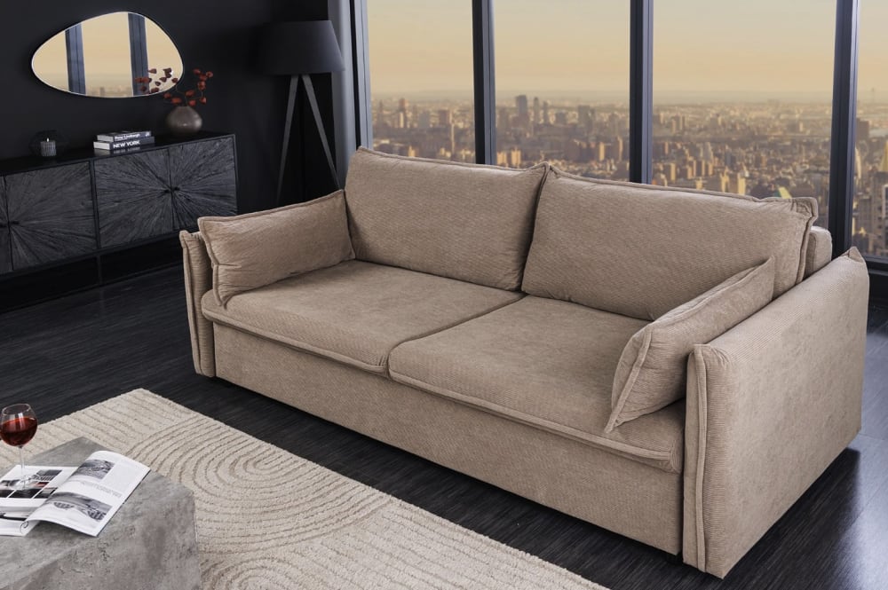 Schlafsofa aus Polyestersamt 215×90×100cm taupe 215x90x100cm PES - Polyester Taupe Meublorama Sofas und Sessel Sofas 2-Sitzer-Sofas & 3-Sitzer-Sofas
