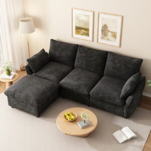 wohnli-moebel-suche-M26188795-1 Ecksofa 3-Sitzer aus Chenille dunkelgrau mit Hocker 223x77x155cm Stoff Grau Hauss Spole Sofas und Sessel Sofas Ecksofas
