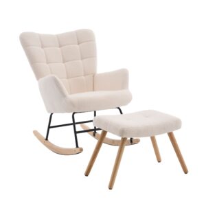 Wohnli Möbelsuche - Schaukelstuhl aus Lammwolle beige mit Fußstütze