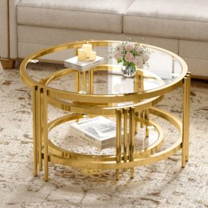 wohnli-moebel-suche-M26188977-1 2er-Set Couchtische aus Glas und Stahl goldfarben 80x45x80cm Metall Gold Hauss Spole Möbel Wohnzimmermöbel Couchtische