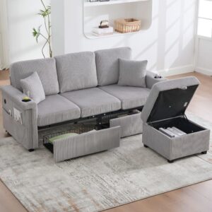 wohnli-moebel-suche-M26188995-1 Ecksofa 4 Plätze aus Cord mit LED USB 194x73x81 cm hellgrau 194x81x73cm Stoff Grau Hauss Spole Sofas und Sessel Sofas Ecksofas