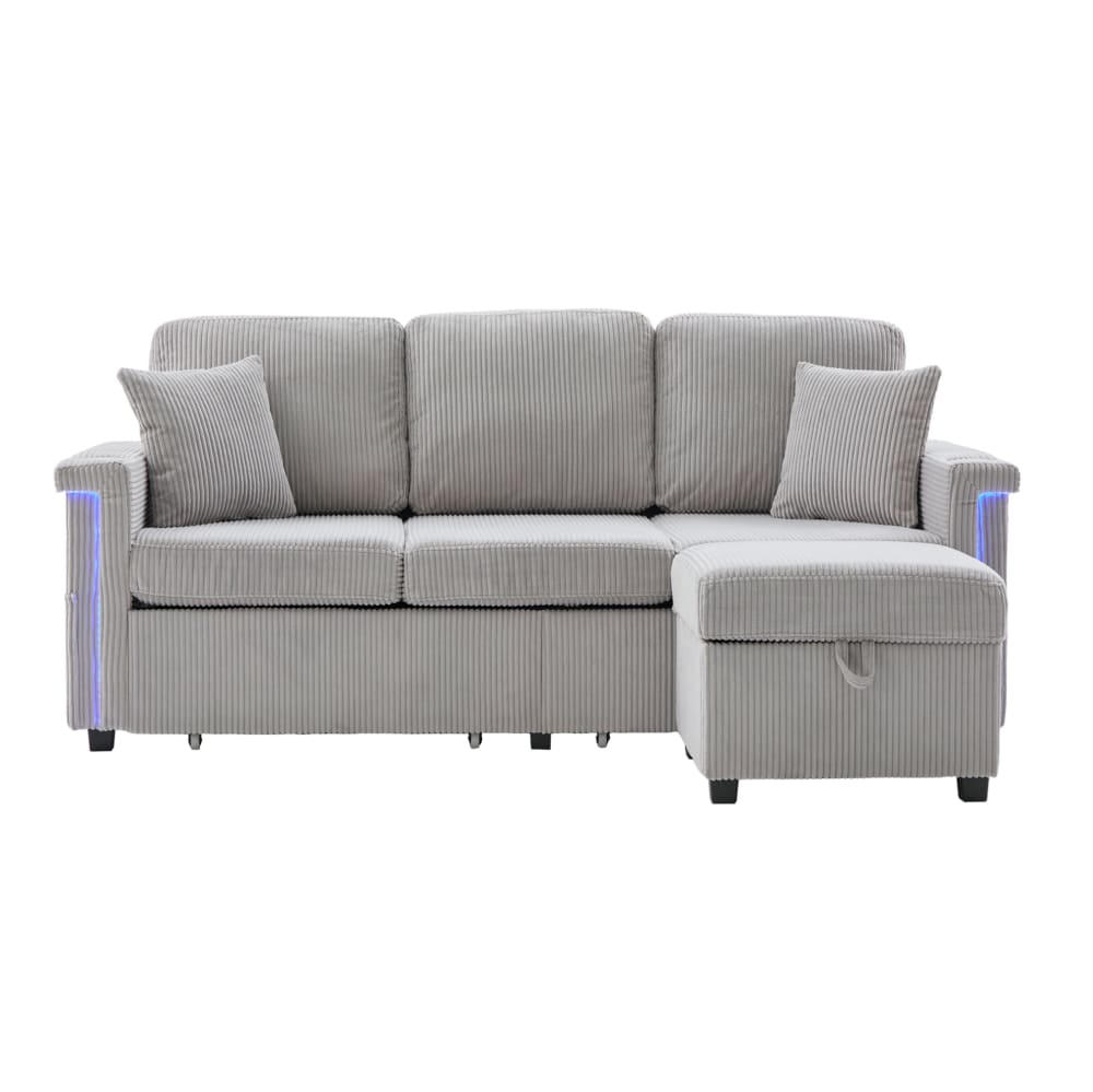 wohnli-moebel-suche-M26188995 Wohnli Möbelsuche - Ecksofa 4 Plätze aus Cord mit LED USB 194x73x81 cm hellgrau