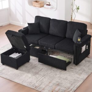 Sofa aus Cord mit LED und Stauraum 194x73x81 cm schwarz 194x81x73cm Stoff Schwarz Hauss Spole Sofas und Sessel Sofas Ecksofas