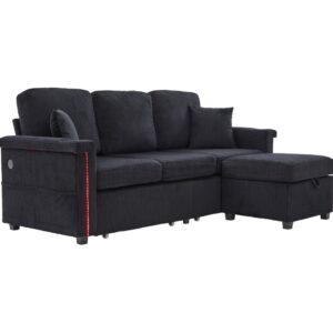 Wohnli Möbelsuche - Sofa aus Cord mit LED und Stauraum 194x73x81 cm schwarz
