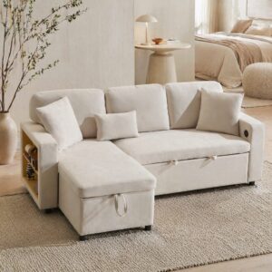 Schlafsofa aus Flanell mit Stauraum USB beige 214x131x87 cm 214x87x131cm Stoff Beige Hauss Spole Sofas und Sessel Sofas Ecksofas