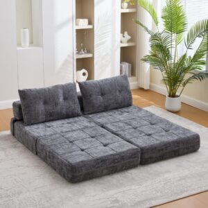 wohnli-moebel-suche-M26189039-1 Klappsofa aus Chenille grau mit Kissen und Schlaffunktion 79x79x57 cm 79x57x79cm Stoff Grau Hauss Spole Sofas und Sessel Sofas Modulare Sofas