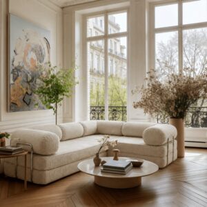 wohnli-moebel-suche-M26189175-1 Modulares Ecksofa Cord 300 x 200 cm Creme 300x82x300cm Samt Beige SURB Sofas und Sessel Sofas Ecksofas