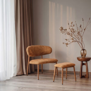 wohnli-moebel-suche-M26189283-1 Sessel mit Fußhocker aus kupferfarbenem Stoff und Gestell in Holzoptik 63x74x77cm Metall Braun Siediti Fuori e Dentro Sofas und Sessel Sessel, Poufs und Fußbänke Sessel