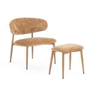 wohnli-moebel-suche-M26189283 Wohnli Möbelsuche - Sessel mit Fußhocker aus kupferfarbenem Stoff und Gestell in Holzoptik