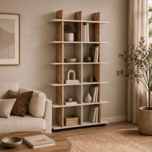 Bücherregal mit 10 Fächern H175 cm - Kaschmir 80x175x26cm Spanplatte Beige Calicosy Möbel Wohnzimmermöbel Bücherregale