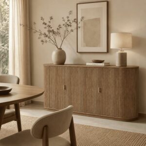 wohnli-moebel-suche-M26189612-1 Sideboard mit 4 Türen in Eichenoptik und Lamellenfronten B160 cm 160x76x40cm Spanplatte Braun Calicosy Möbel Esszimmermöbel Sideboards, Highboards & niedrige Anrichten