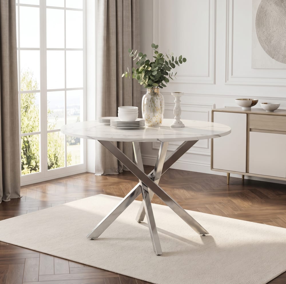 Runder Esstisch Marmoroptik Holzfaserplatte weiß silber 80 cm 80x75x80cm Spanplatte Weiß Hauss Spole Möbel Esszimmermöbel Esstische