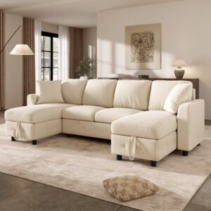 wohnli-moebel-suche-M26190526-1 Schlafsofa in U-Form aus Chenille beige mit Stauraum 260x82x128cm Stoff Beige Hauss Spole Sofas und Sessel Sofas Sitzbank und Polsterbank